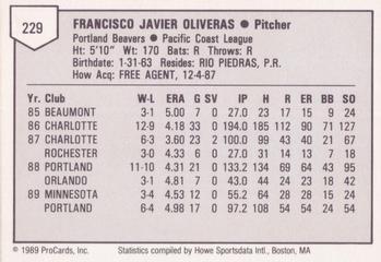 1989 ProCards Triple A #229 Francisco Oliveras Back