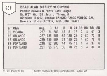 1989 ProCards Triple A #231 Brad Bierley Back
