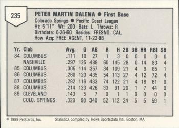 1989 ProCards Triple A #235 Pete Dalena Back