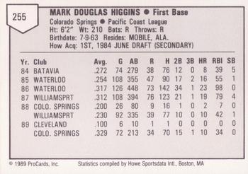 1989 ProCards Triple A #255 Mark Higgins Back