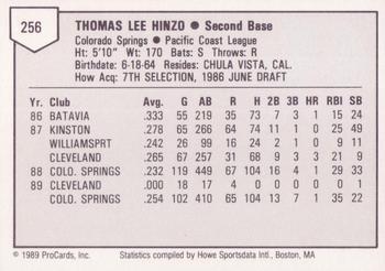 1989 ProCards Triple A #256 Tommy Hinzo Back