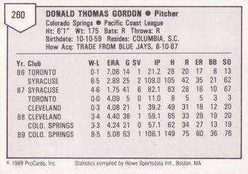 1989 ProCards Triple A #260 Don Gordon Back