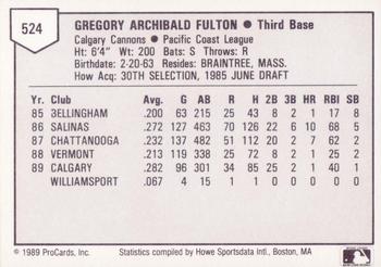 1989 ProCards Triple A #524 Greg Fulton Back