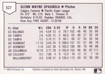 1989 ProCards Triple A #527 Glenn Spagnola Back
