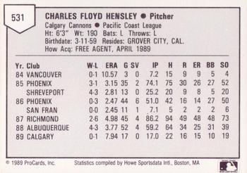 1989 ProCards Triple A #531 Chuck Hensley Back