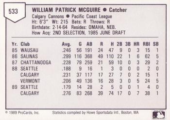 1989 ProCards Triple A #533 Bill McGuire Back