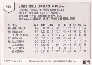 1989 ProCards Triple A #559 Vance Lovelace Back