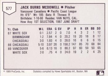 1989 ProCards Triple A #577 Jack McDowell Back