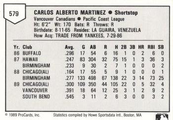 1989 ProCards Triple A #579 Carlos Martinez Back
