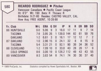 1989 ProCards Triple A #580 Rick Rodriguez Back