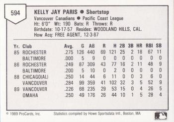 1989 ProCards Triple A #594 Kelly Paris Back
