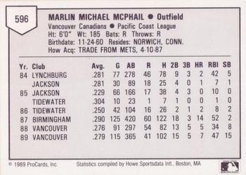 1989 ProCards Triple A #596 Marlin McPhail Back