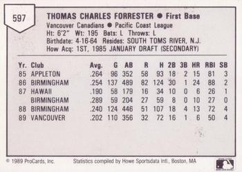 1989 ProCards Triple A #597 Tom Forrester Back