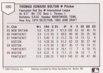 1989 ProCards Triple A #680 Tom Bolton Back