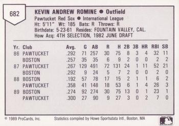 1989 ProCards Triple A #682 Kevin Romine Back
