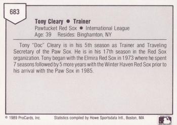 1989 ProCards Triple A #683 Tony Cleary Back