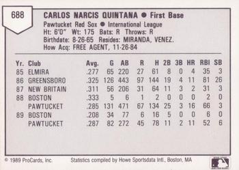 1989 ProCards Triple A #688 Carlos Quintana Back