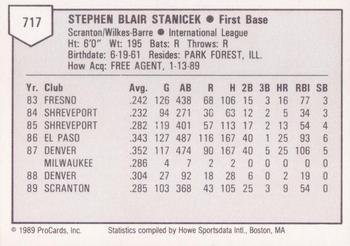 1989 ProCards Triple A #717 Steve Stanicek Back