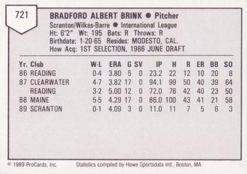 1989 ProCards Triple A #721 Brad Brink Back