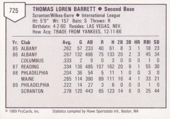 1989 ProCards Triple A #725 Tommy Barrett Back