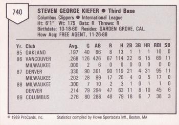 1989 ProCards Triple A #740 Steve Kiefer Back