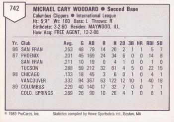 1989 ProCards Triple A #742 Mike Woodard Back
