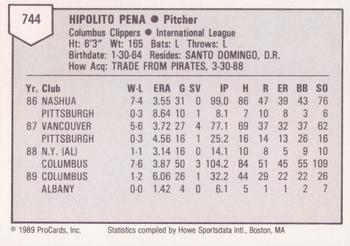 1989 ProCards Triple A #744 Hipolito Pena Back