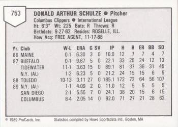 1989 ProCards Triple A #753 Don Schulze Back