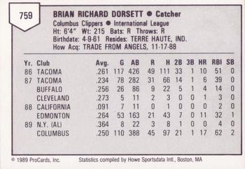 1989 ProCards Triple A #759 Brian Dorsett Back