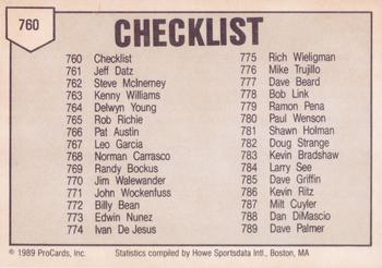 1989 ProCards Triple A #760 Checklist Back