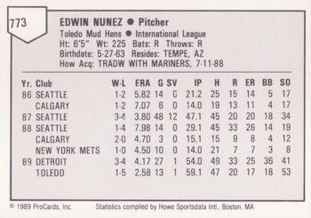 1989 ProCards Triple A #773 Edwin Nunez Back