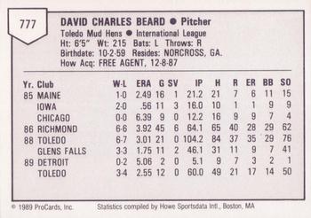 1989 ProCards Triple A #777 Dave Beard Back