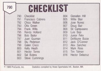1989 ProCards Triple A #790 Checklist Back
