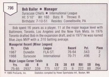 1989 ProCards Triple A #796 Bob Bailor Back