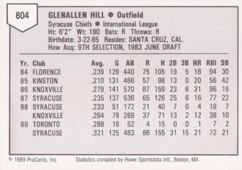 1989 ProCards Triple A #804 Glenallen Hill Back