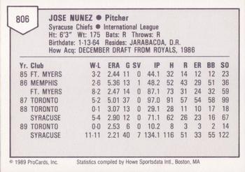 1989 ProCards Triple A #806 Jose Nunez Back