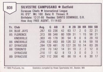 1989 ProCards Triple A #808 Sil Campusano Back