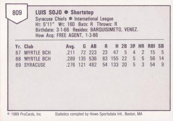 1989 ProCards Triple A #809 Luis Sojo Back