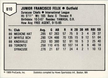 1989 ProCards Triple A #810 Junior Felix Back