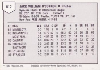 1989 ProCards Triple A #812 Jack O'Connor Back