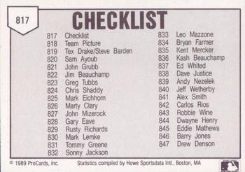 1989 ProCards Triple A #817 Checklist Back