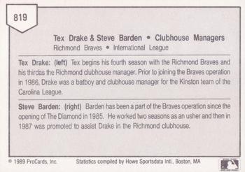 1989 ProCards Triple A #819 Tex Drake / Steve Barden Back