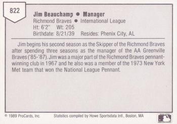 1989 ProCards Triple A #822 Jim Beauchamp Back