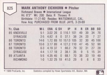 1989 ProCards Triple A #825 Mark Eichhorn Back