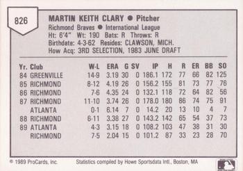1989 ProCards Triple A #826 Marty Clary Back
