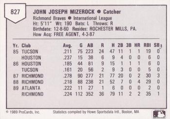 1989 ProCards Triple A #827 John Mizerock Back