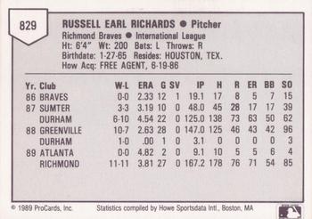 1989 ProCards Triple A #829 Rusty Richards Back