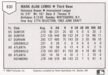 1989 ProCards Triple A #830 Mark Lemke Back