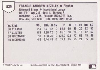 1989 ProCards Triple A #839 Andy Nezelek Back