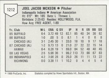 1989 ProCards Triple A #1212 Joel McKeon Back